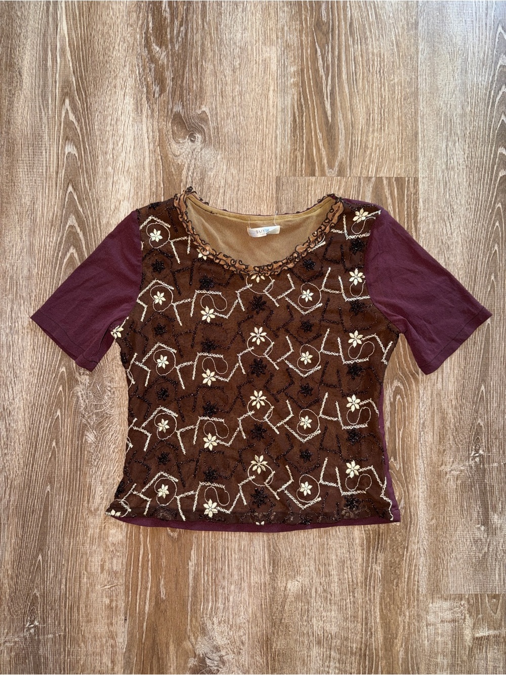 Vintage Y2K Euro Micro Mesh Embellished Brown & Plum Women's Top